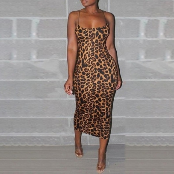 Leopard Print Bodycon Spaghetti Strap Dress - Picture 1 of 5